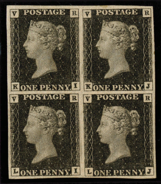 1840 1d Black (VR Official). Unused o.g. block of four (KI-LJ), SG V1