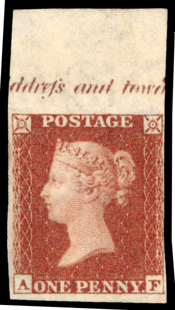 1854 1d Red-brown Pl.R13. Unused top marginal imperforate imprimatur