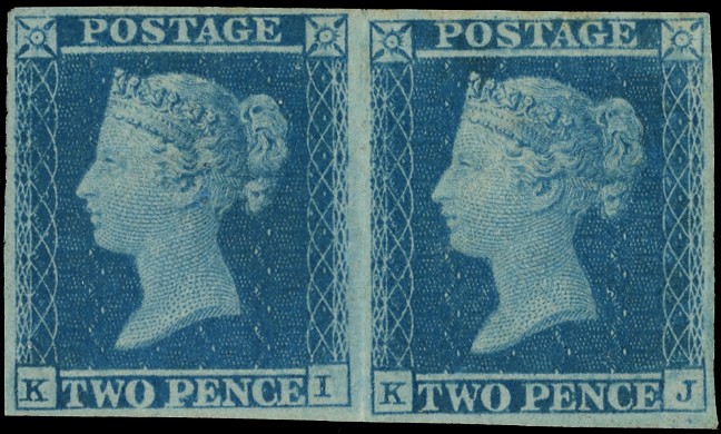 1841 2d blue plate 4 (KI-KJ), four margin horizontal...