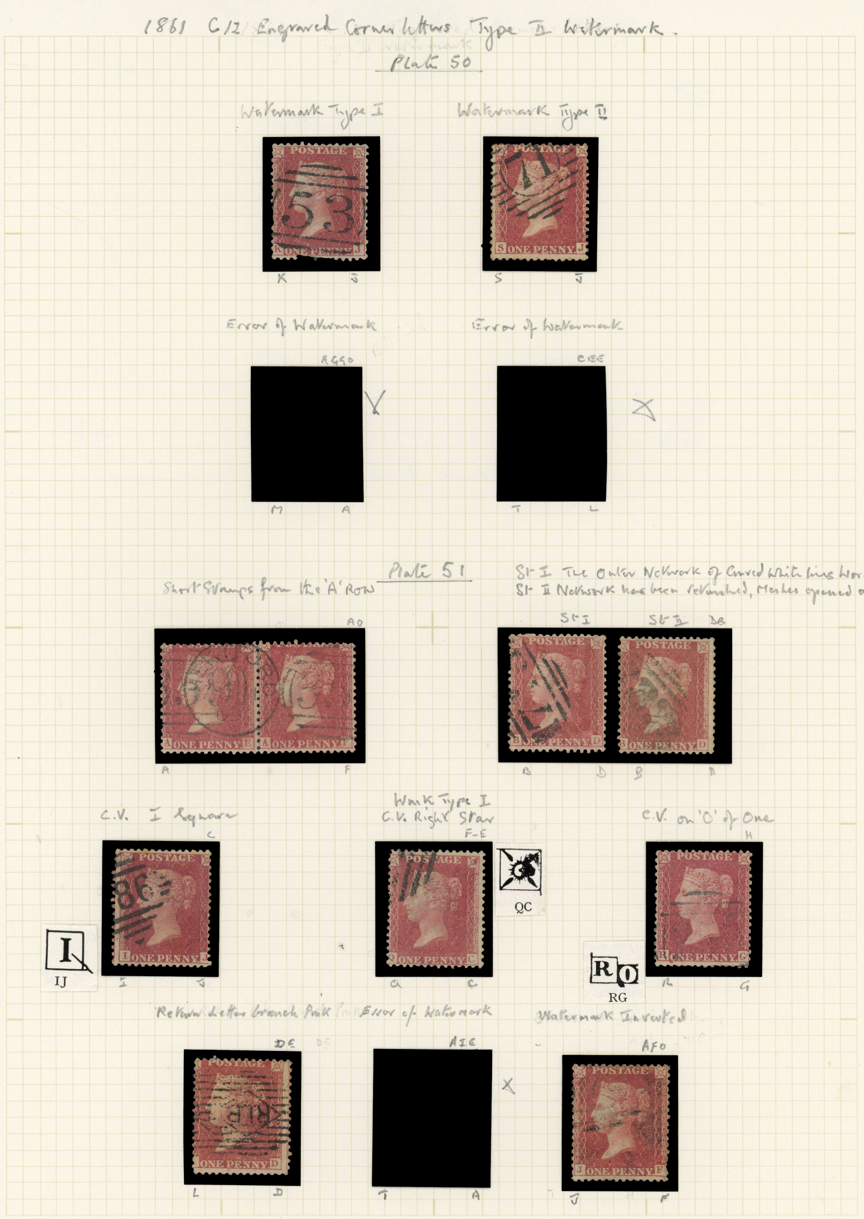 1861 1d Rose-red Pl.50-51 (SG42, Die II, Alphabet IV, Wmk. Large Crown, Perf 14). Used group