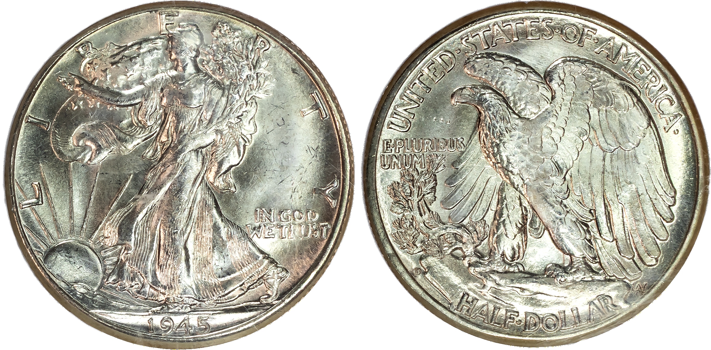 USA , Walking Liberty silver Half Dollar, 1945, Denver (KM 142). In NGC holder graded MS 65 (642427-020).…