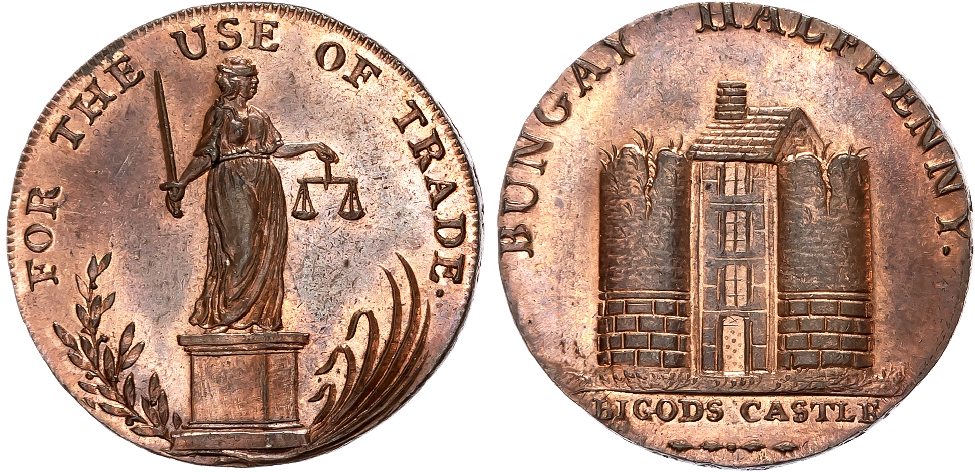 Suff-Norf. Denton , Noah Todd (possibly a grocer) Halfpenny undated, Justice standing on a pedestal, rev. View of the ru …