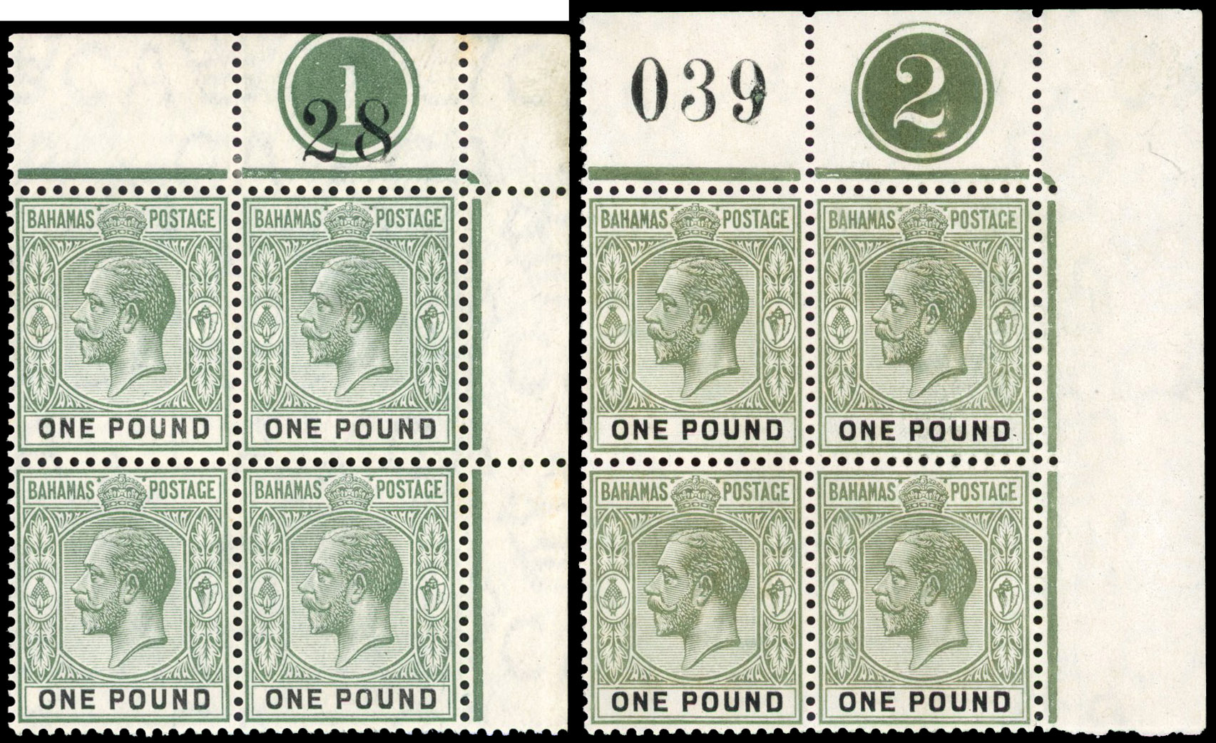 Bahamas 1912-19 £1 plate blocks x2