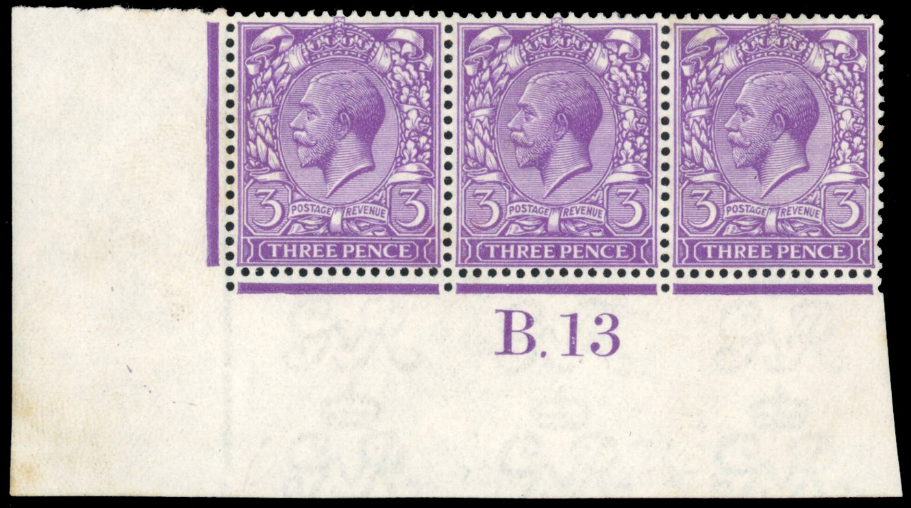 GB 1912-24 Royal Cypher 3d reddish violet, mint control B.13 strip