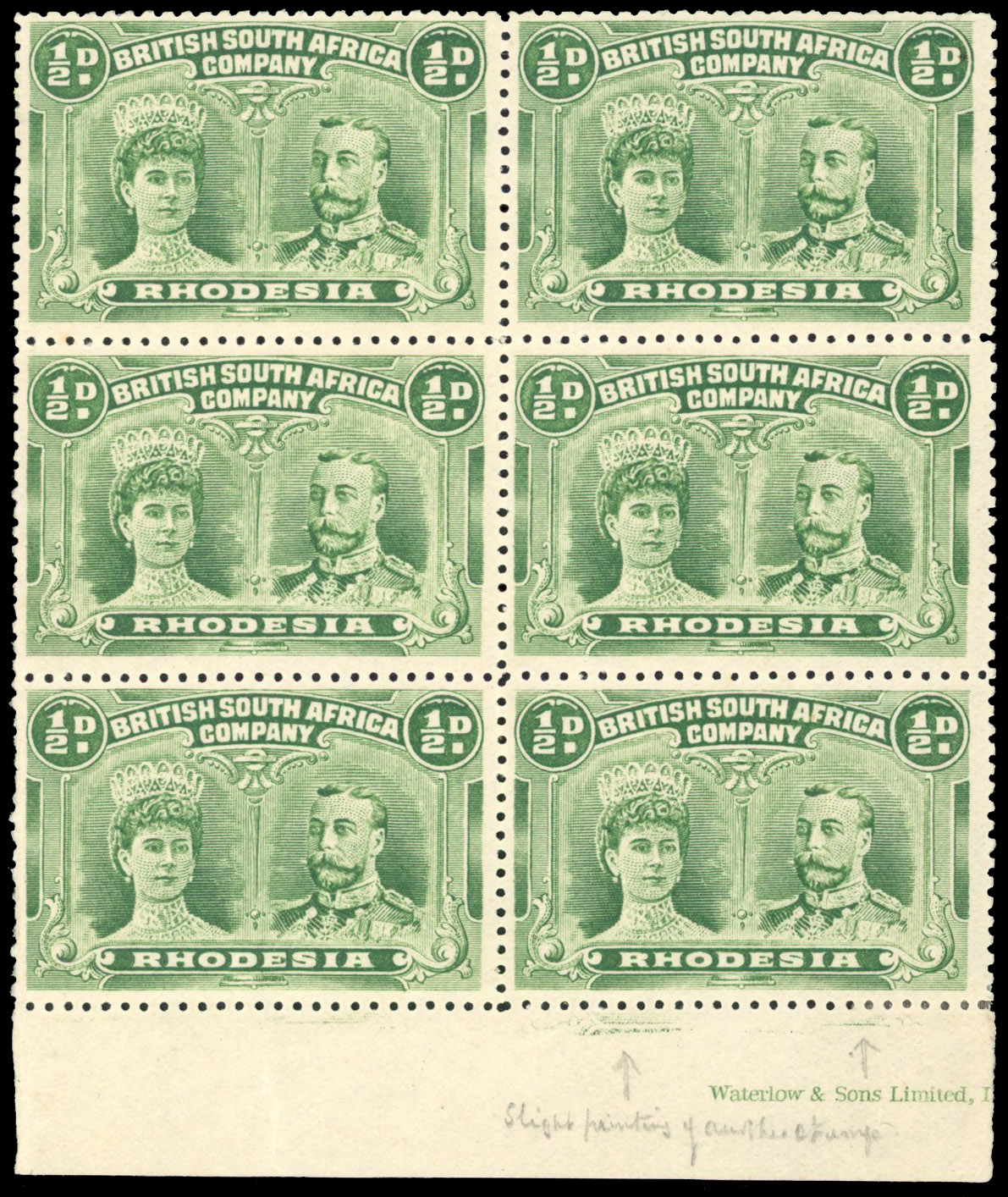 Rhodesia 1910-13 ½d dull green perf 14 block of 6