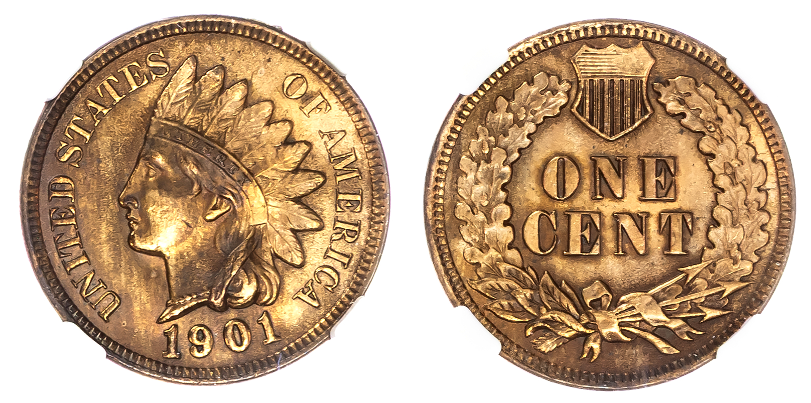 USA , Indian Head bronze Cent, 1901, Philadelphia (KM 90a) . In NGC holder graded UNC Details – Altered Colour…