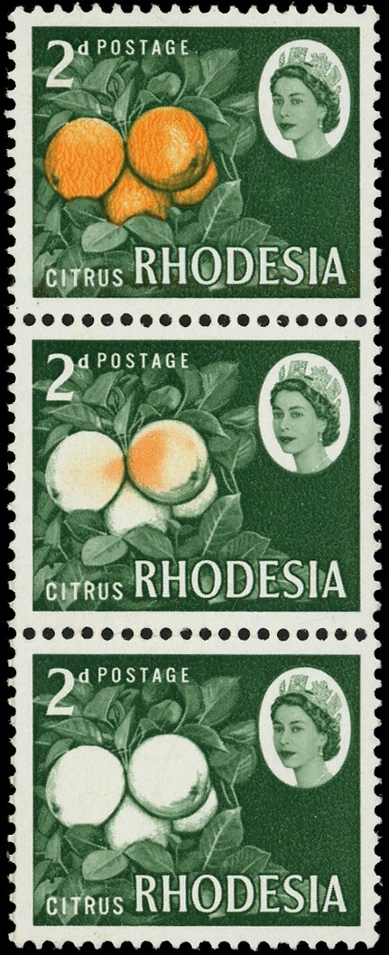Rhodesia 1966 Harrisons printings vertical strip of three 2d with yellow-orange omitted and partial omission SG 375a...