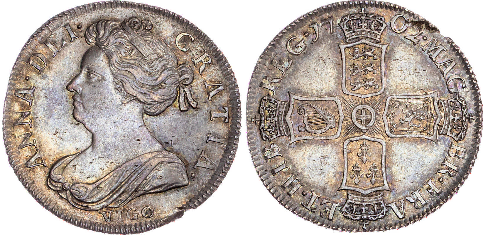 Anne (1702-1714), AR Shilling, 1702 VIGO, Pre Union.