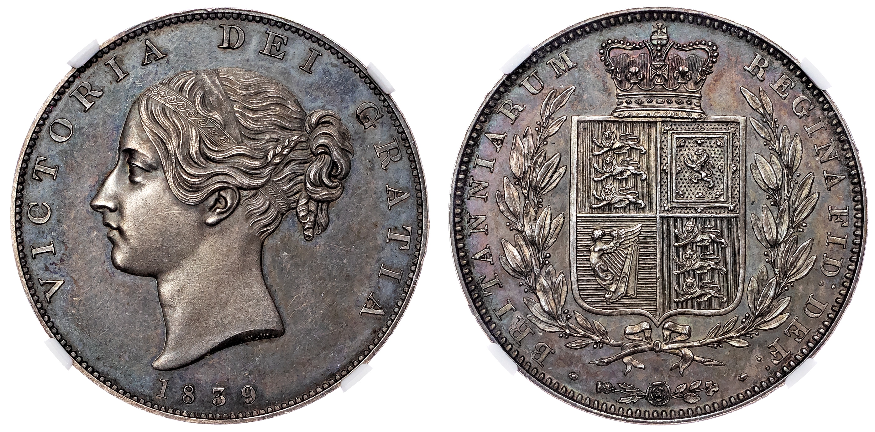 Victoria (1837‐1901), AR Proof Halfcrown, 1839, type A1, plain edge. NGC PF 63