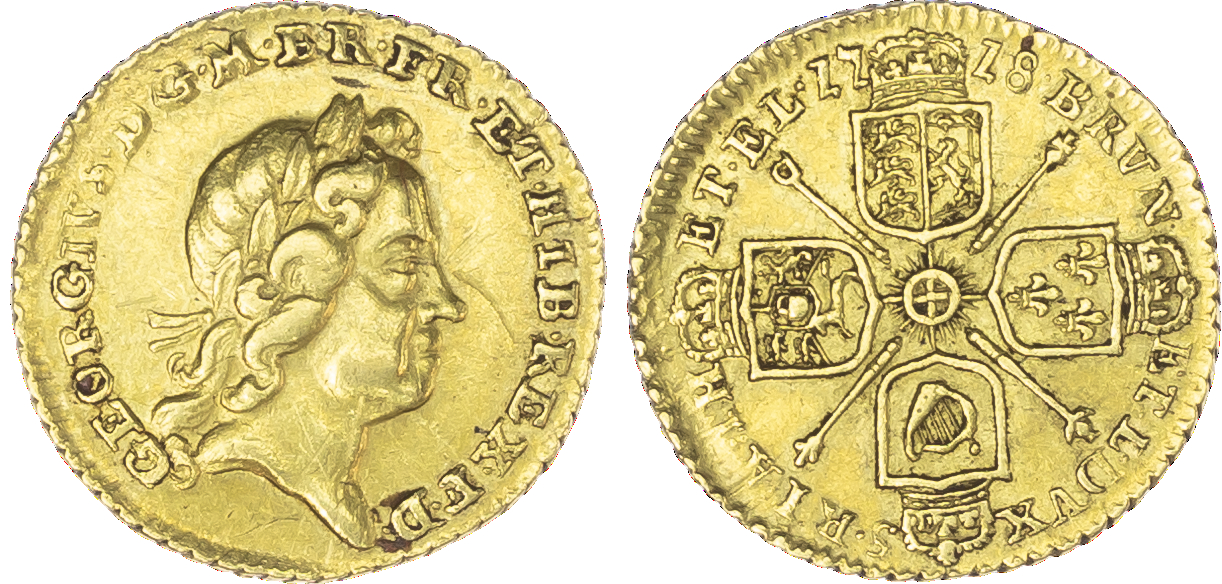 George I (1714-27), Quarter Guinea, 1718, laureate head right, toothed borders both sides legend surrounding GEORGIVS DG