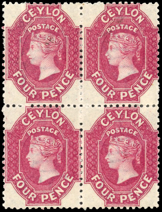 Ceylon SG 65b 1867-70 4d rose-carmine block of 4 mint