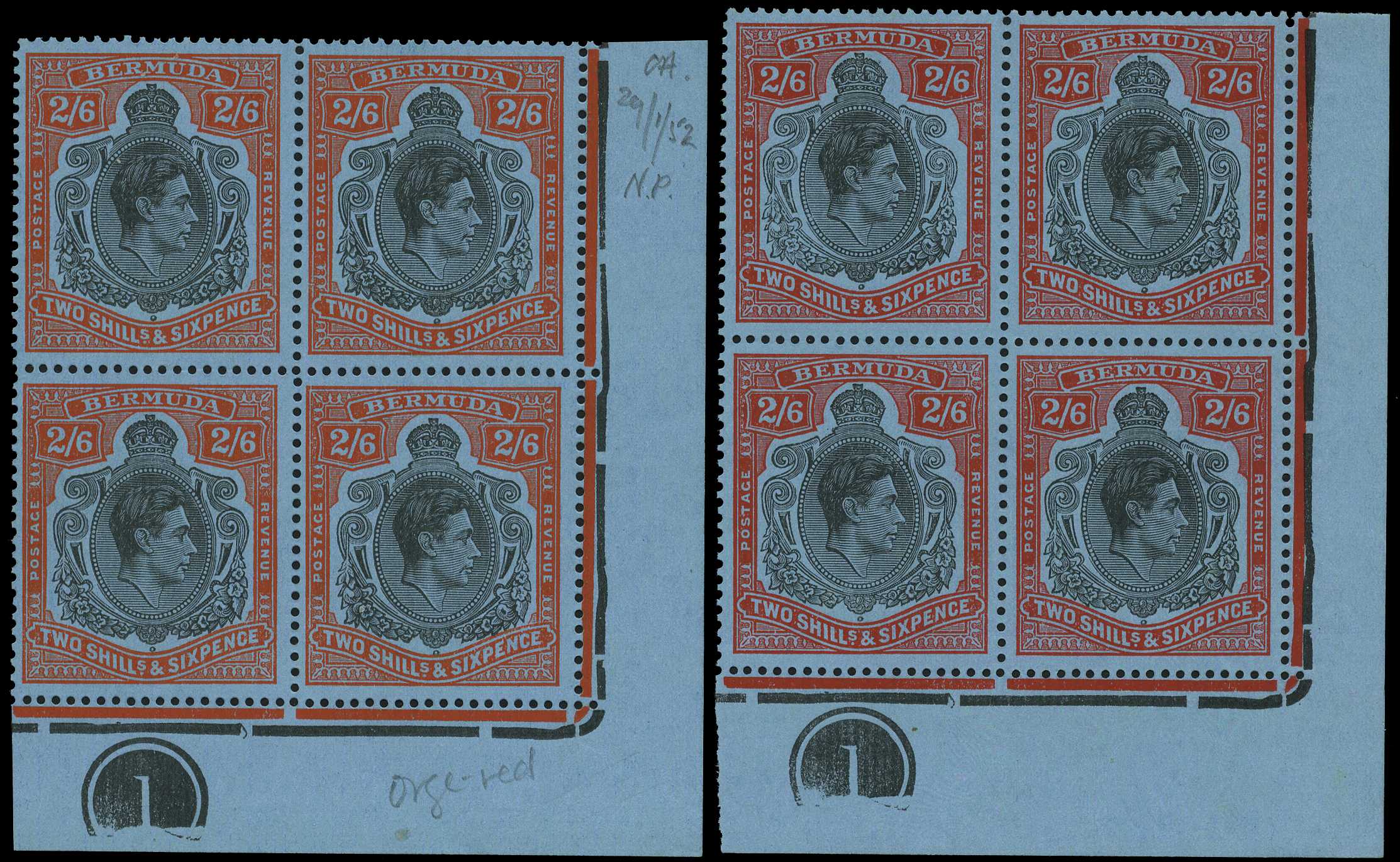 1951 (Nov.) 2/6d perf 13 Plate block of...