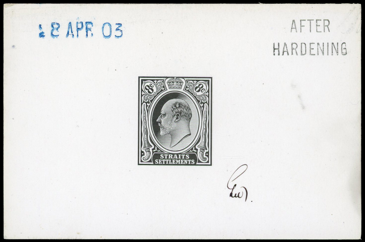 Straits Settlements 1903 8c die proof in black AFTER HARDENING