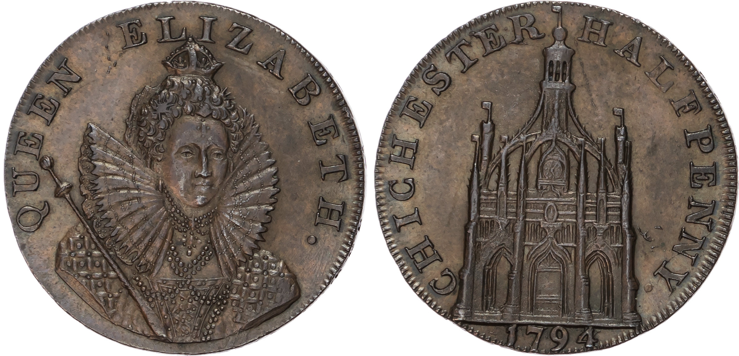Suss. Chichester , James Dally (linen draper) Halfpenny 1794, Bust half right of Elizabeth I, rev. Market cros…