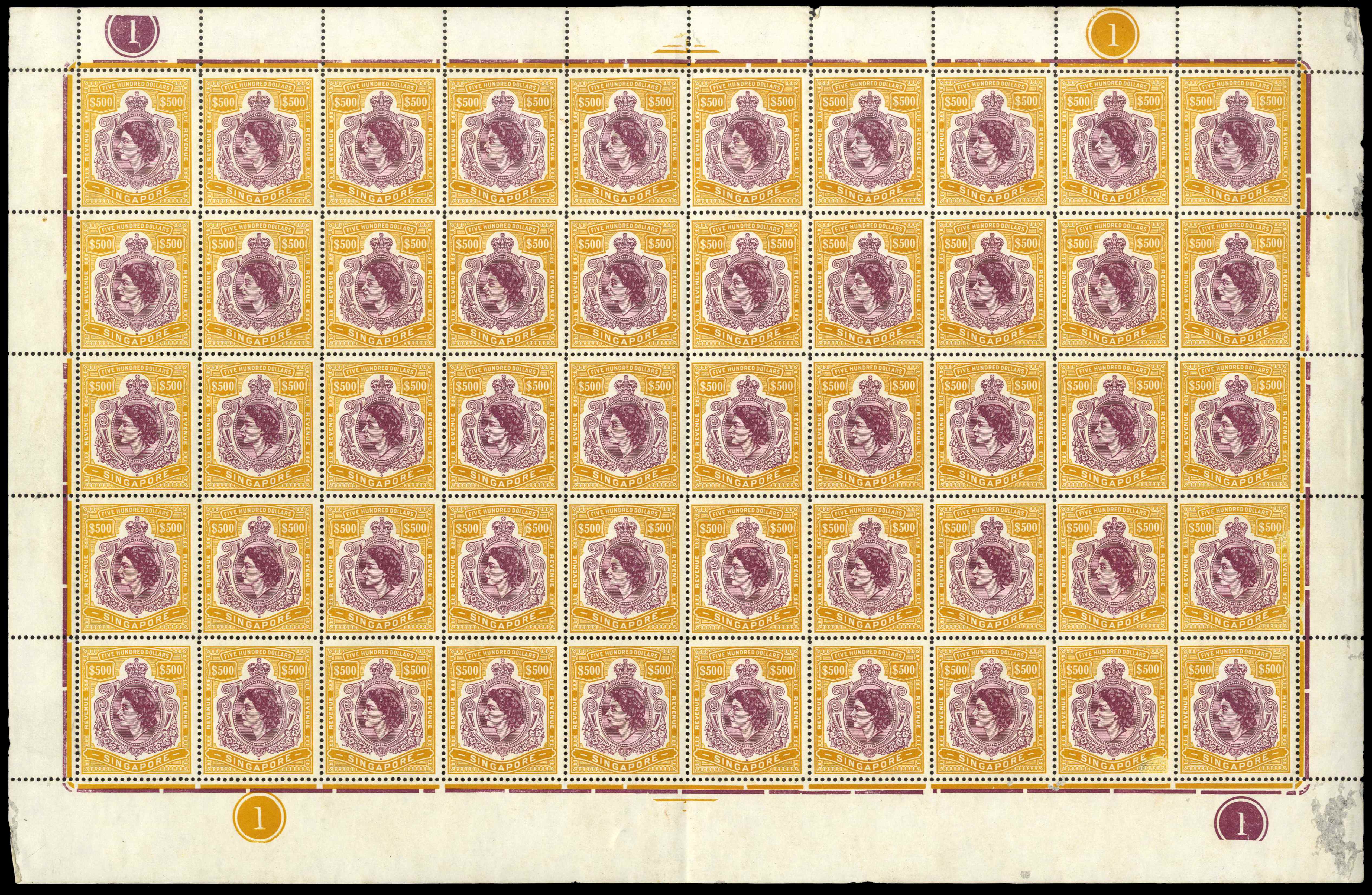Singapore REVENUE 1954 QEII $500 complete sheet of 50 U/M
