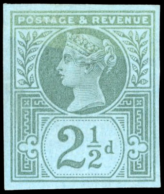 GB 1887-92 2½d imperf colour trial in green on blue, Crown wmkd paper, For SG 201