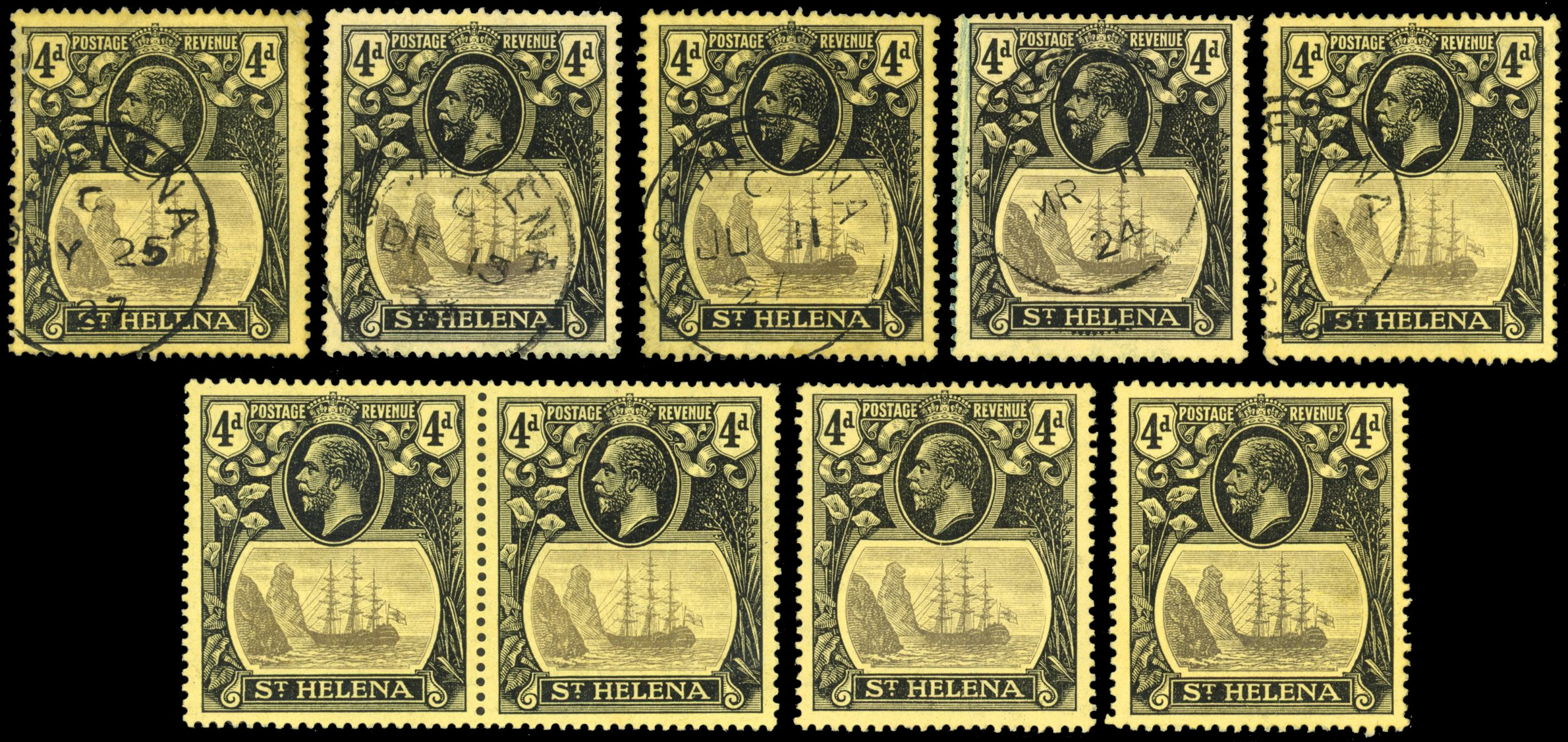 St Helena 1922-37 Wmk Mult Crown CA mint and used group, SG 92a/94b