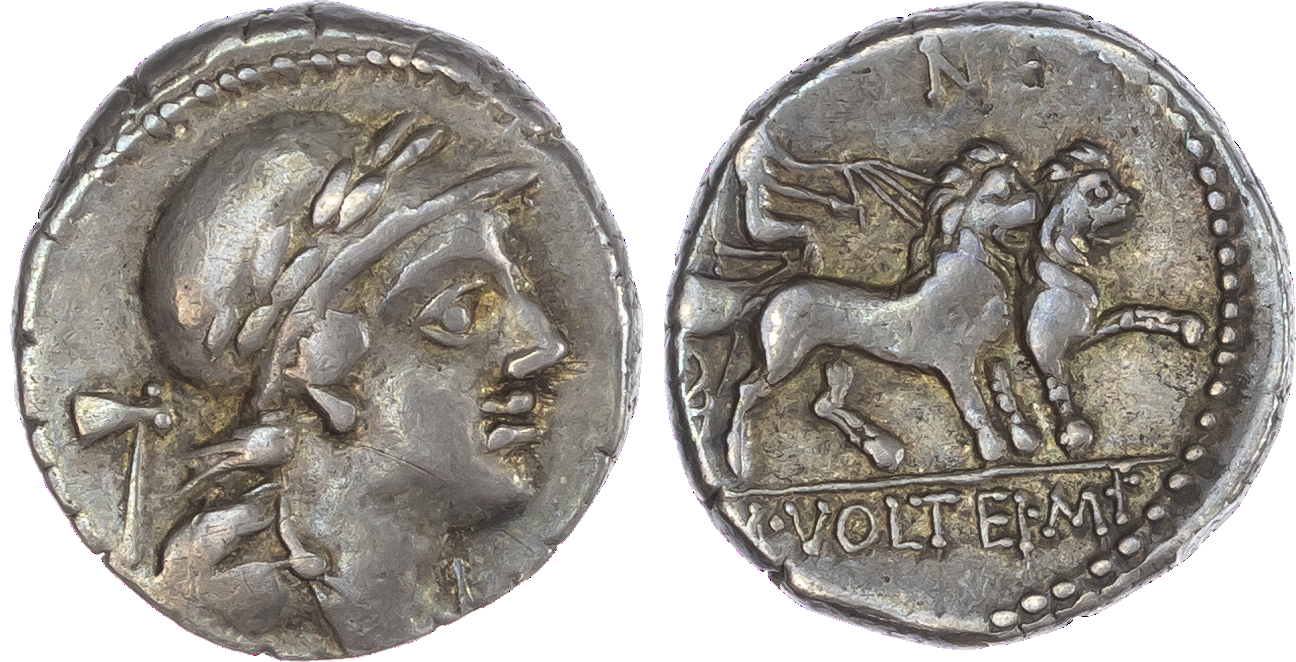 M. Volteius M. f. (75 BC) AR Denarius, Rome, 3.64g. Laureate, helmeted and draped bust of Attis facing right, axe behind.