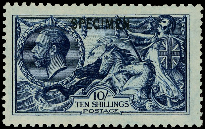 GB: 1913 10s indigo-blue Waterlow ‘Seahorse’ overprinted “SPECIMEN”, part o.g. SG 402s/Spec N69(1)s