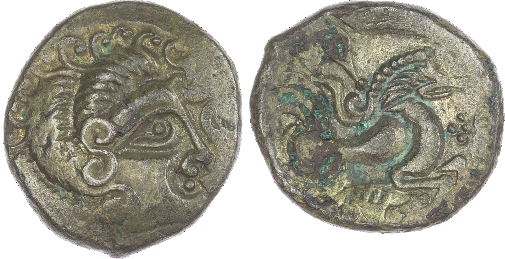 North West Gaul, Coriosolites (c. 100-50 BC) BI Stater, 6.19g. Stylised male head right, hair of large spiral curls. Rev.