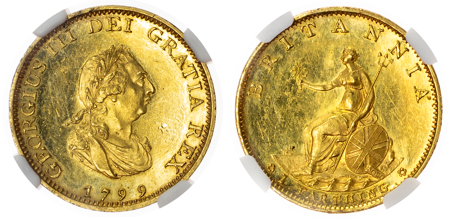 George III (1760-1820) Proof Farthing, 1799, struck in gilt-copper, late Soho.