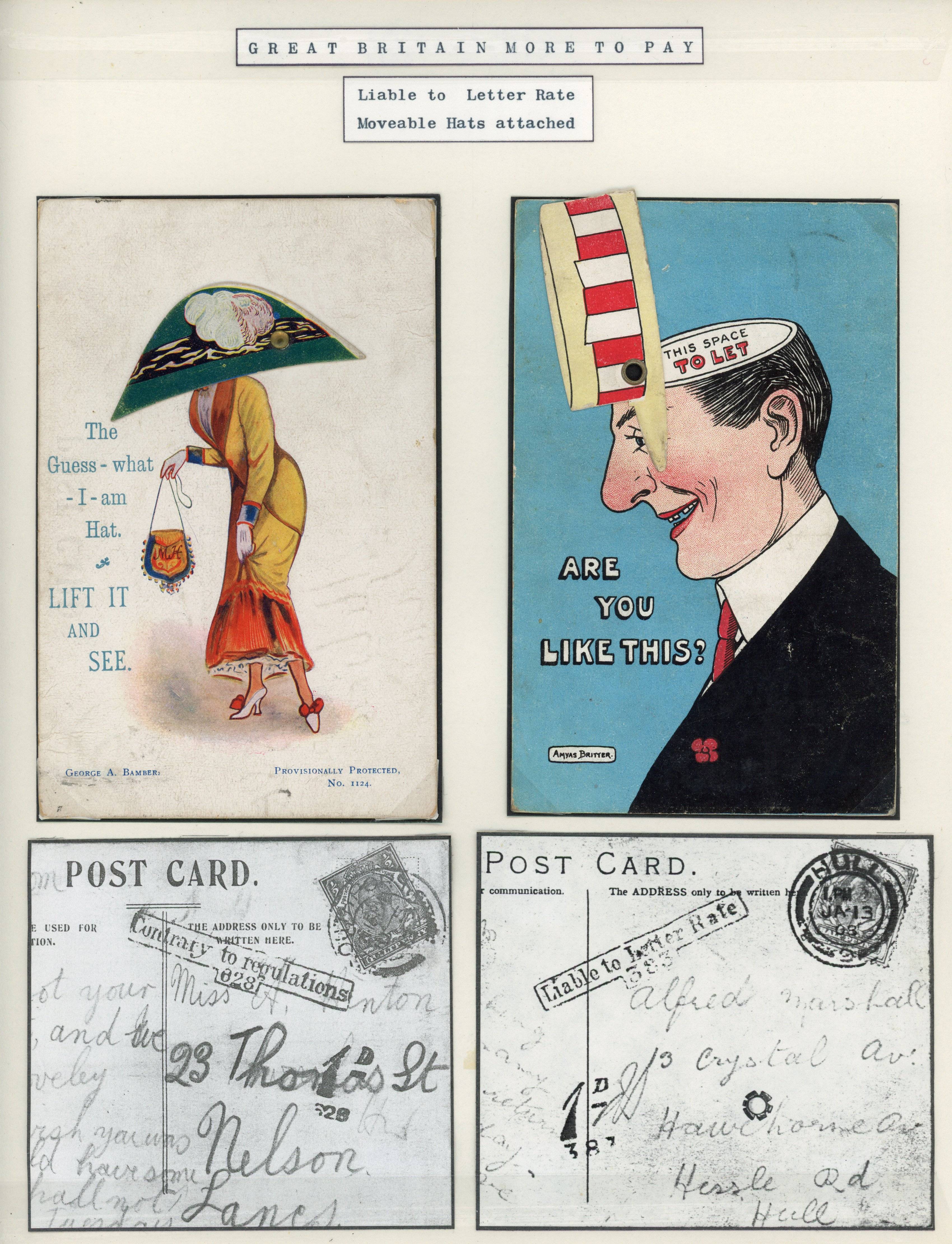 Great Britain 1903 pair of novelty postcards with moveable hats attached
