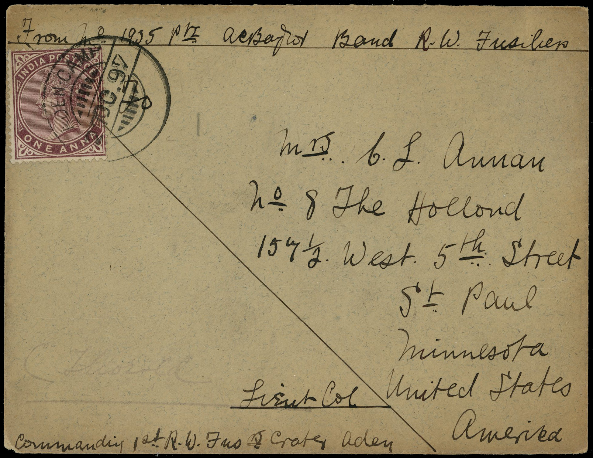 POSTAL HISTORY: 1897 Soldier's envelope to Minnesota, USA franked with India 1a plum tied “ADEN CAMP/