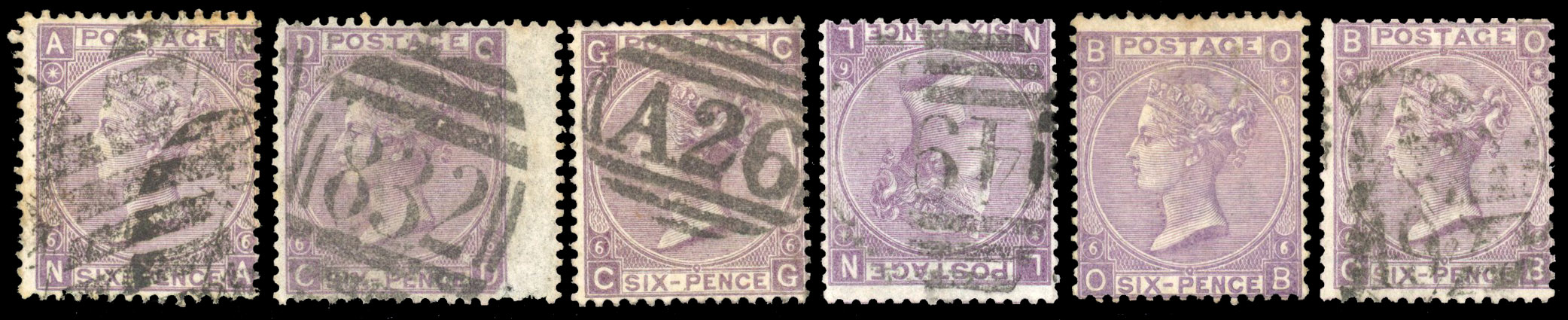 1867 6d Lilac Pl.6 (SG104-107, Wmk. Spray). group of six mint and used