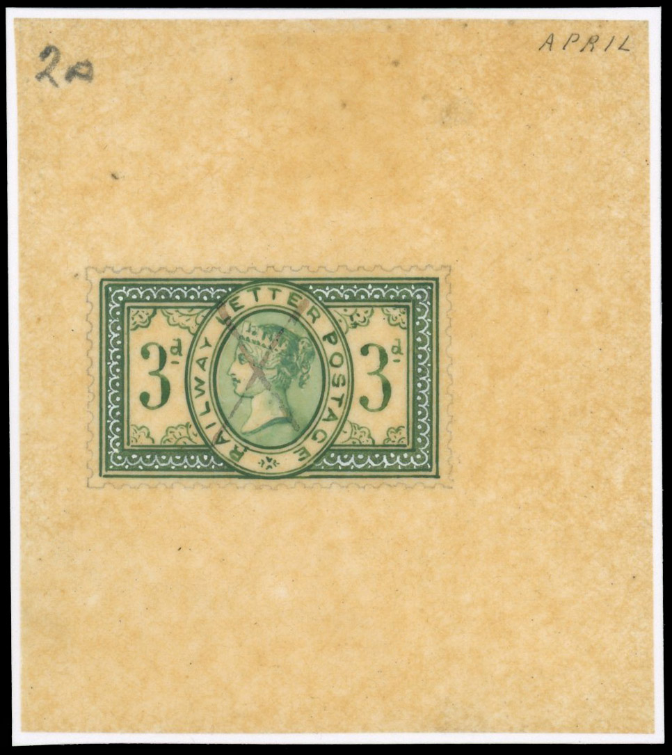 GB 1890 3d Railway stamp hand-painted essay