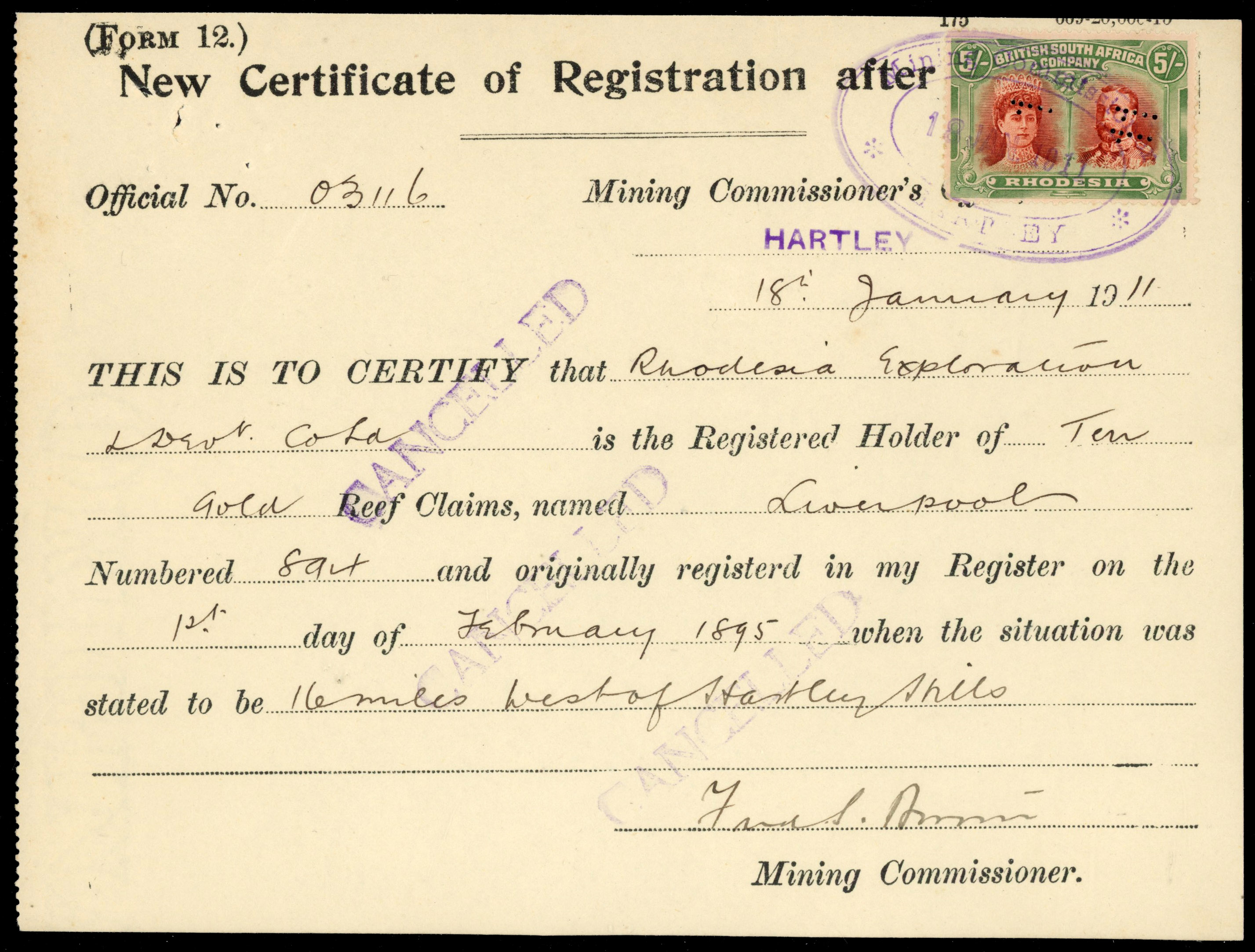 Rhodesia 1911 Revenue document with 5/- SG 159