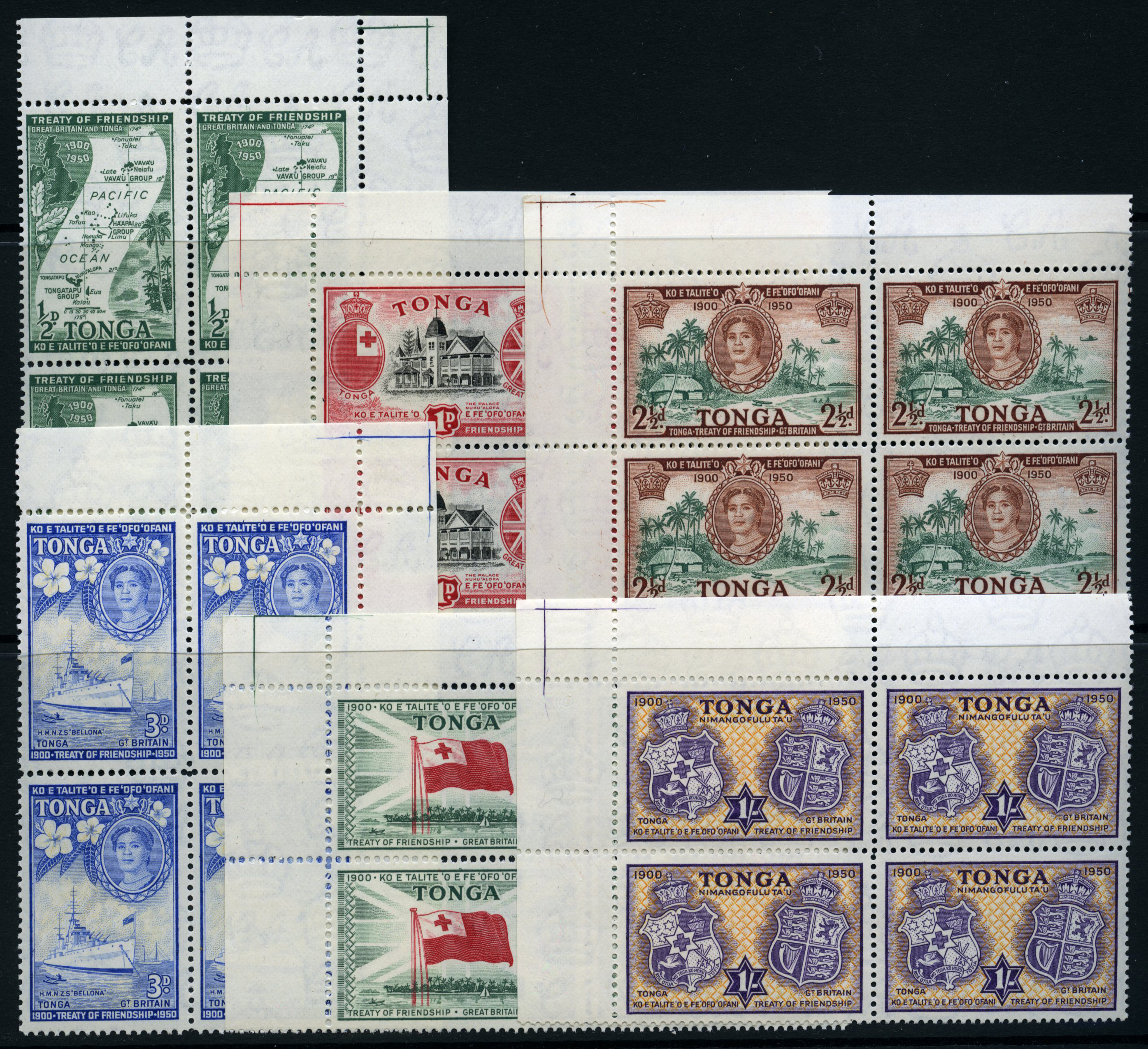 1951 50th Anniversary of Friendship Treaty set of six in corner marginal blocks of four, u/m. SG 95-100, cat...