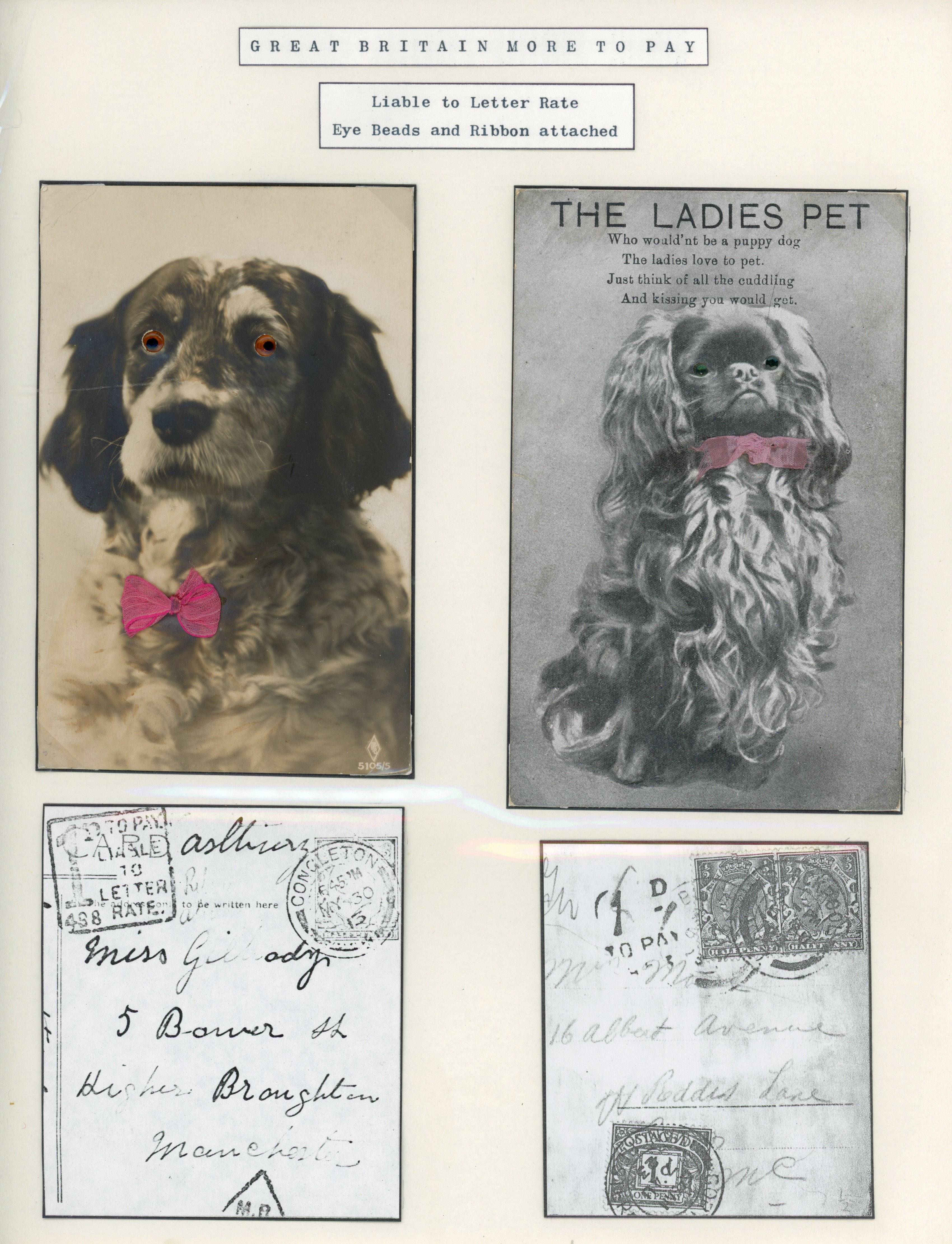 Great Britain 1913-23 pair of novelty postcards of a dog with beads and ribbon attached
