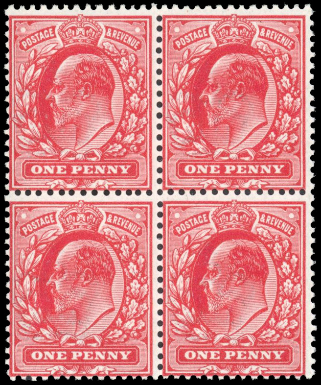GB 1911 Harrison perf 14 1d carmine, block of four mint unmounted o.g.