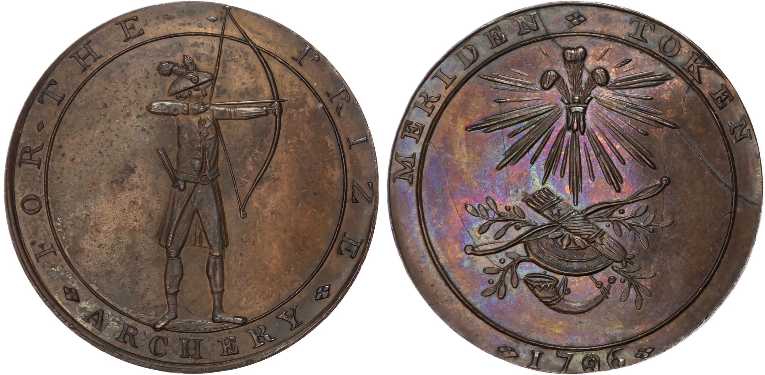 Warks. Meriden, Skidmore's Halfpenny 1796, Archer drawing a bow, rev. Prince's plumes above bow, quiver, hunti…
