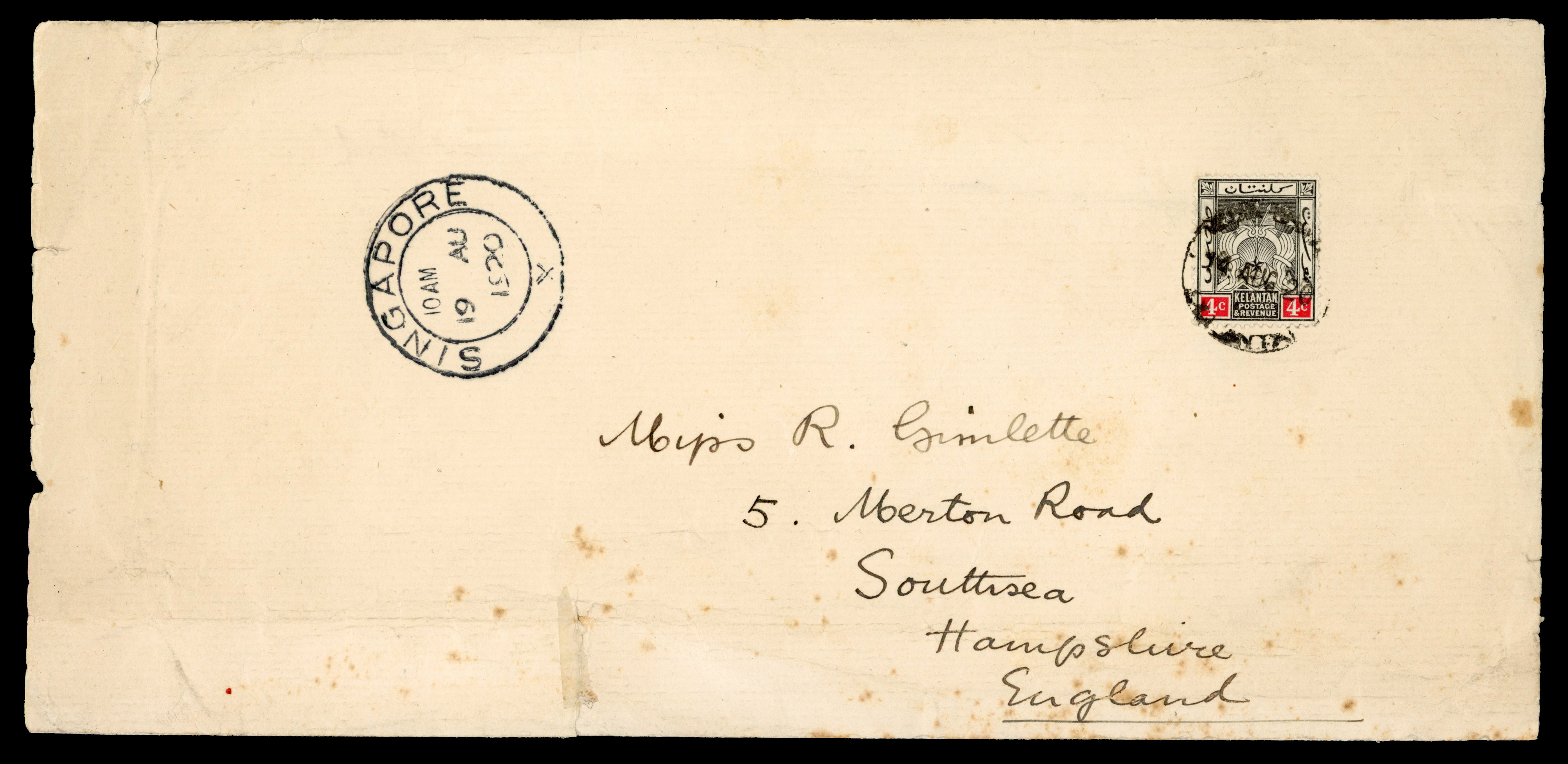 POSTAL HISTORY: 1920 cover to England bearing 4c black and red tied by Khota Bahru cds