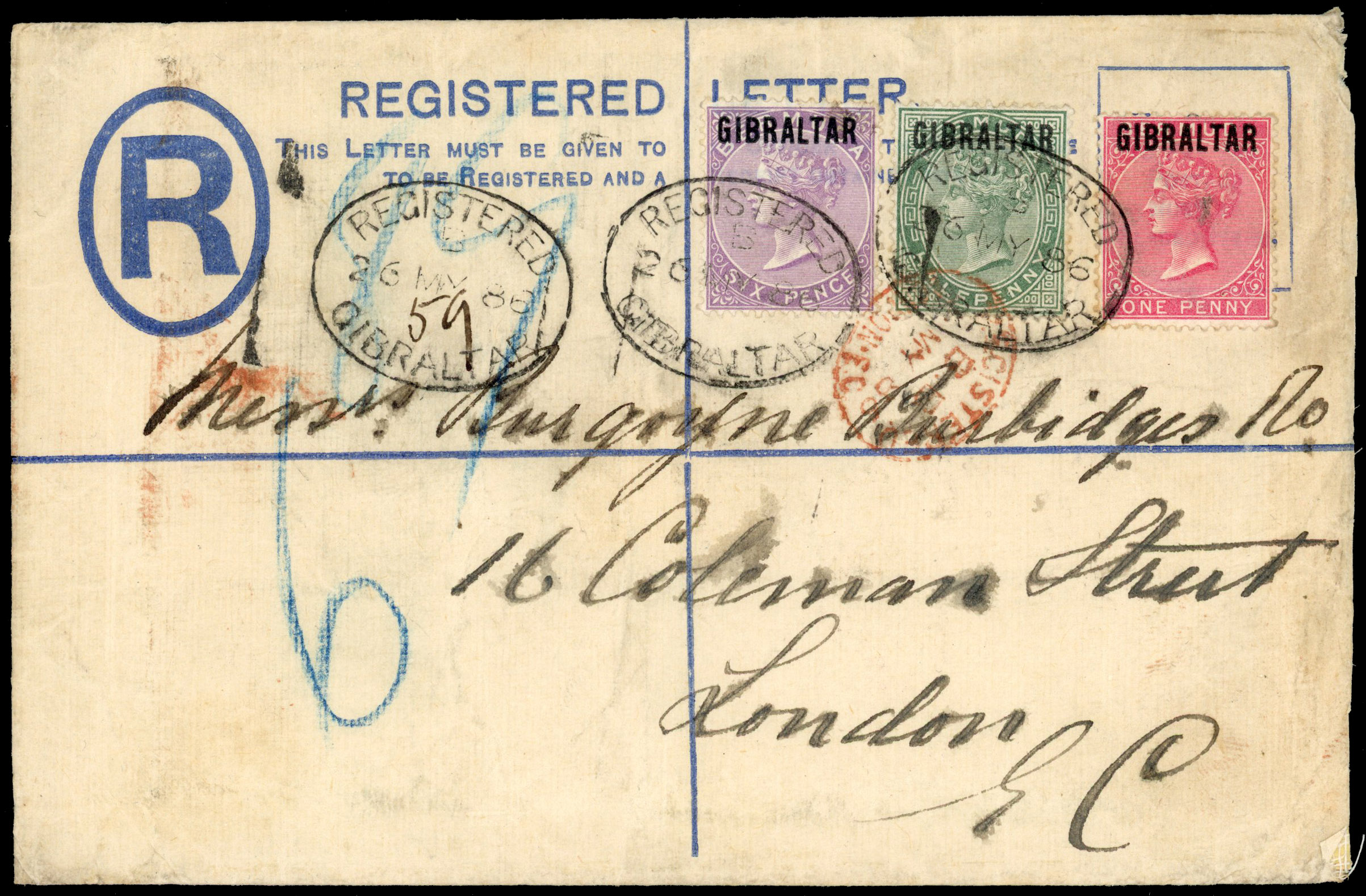 Gibraltar 1886 2d registered postal stationery envelope to London