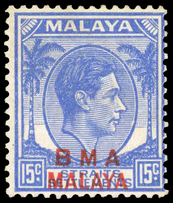 Malaya BMA 15c opt double one albino