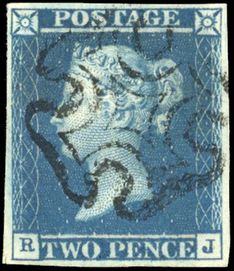 GB 1841 2d blue, plate 3 (RJ), good to large margins, used with black Maltese Cross, showing ‘J’ flaw and distorted letters