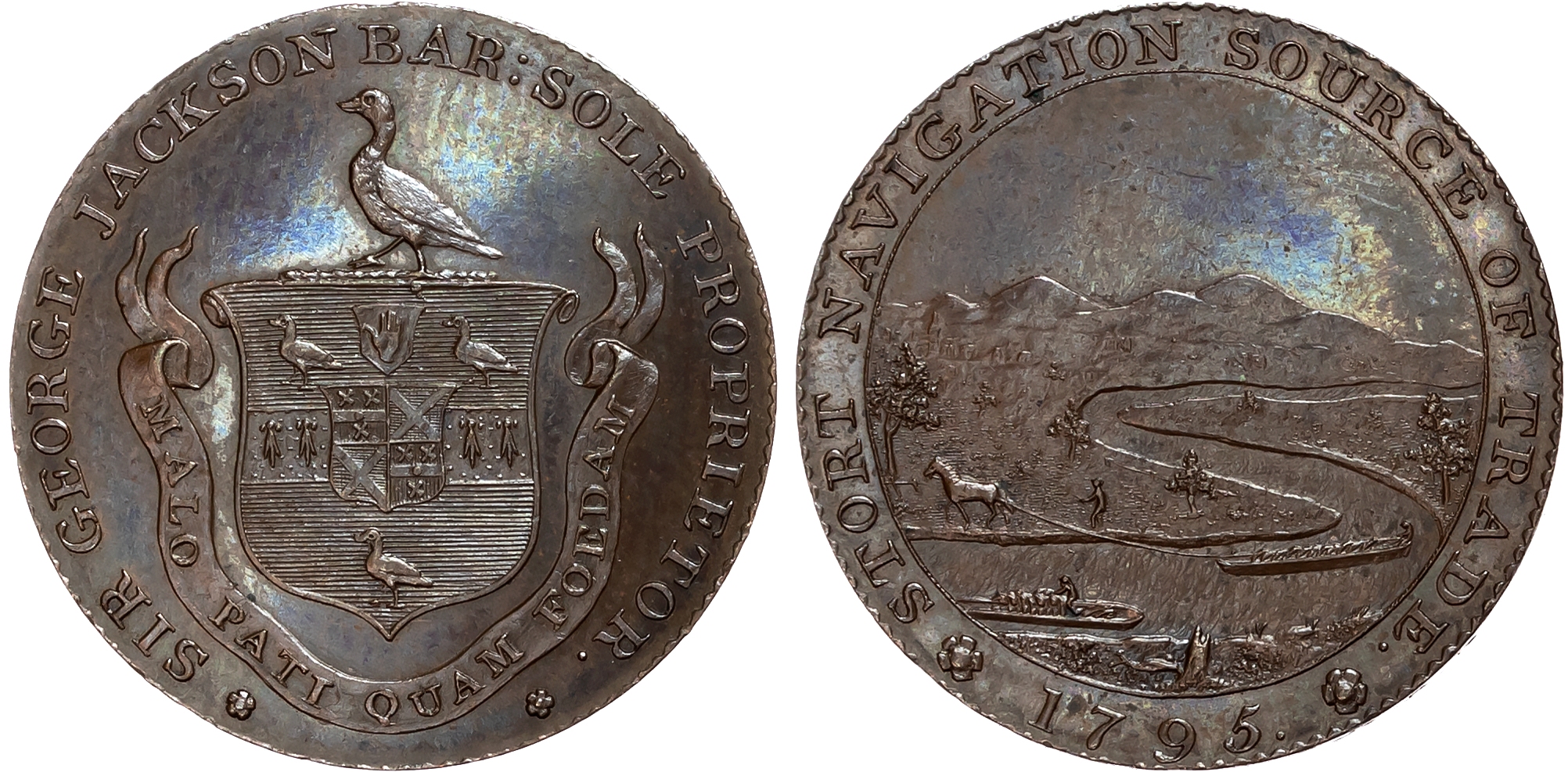 Herts. Bishop’s Stortford , Sir George Jackson (gent.) Halfpenny 1795, Family crest and arms, rev. View of the Stort ca …