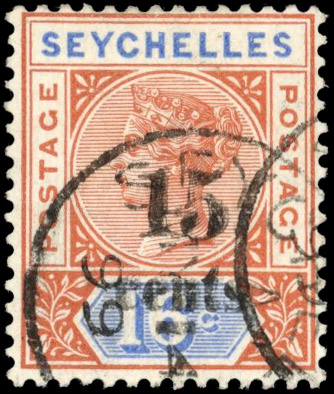 Seychelles SG 19b 1893 15c on 16c surcharge double used
