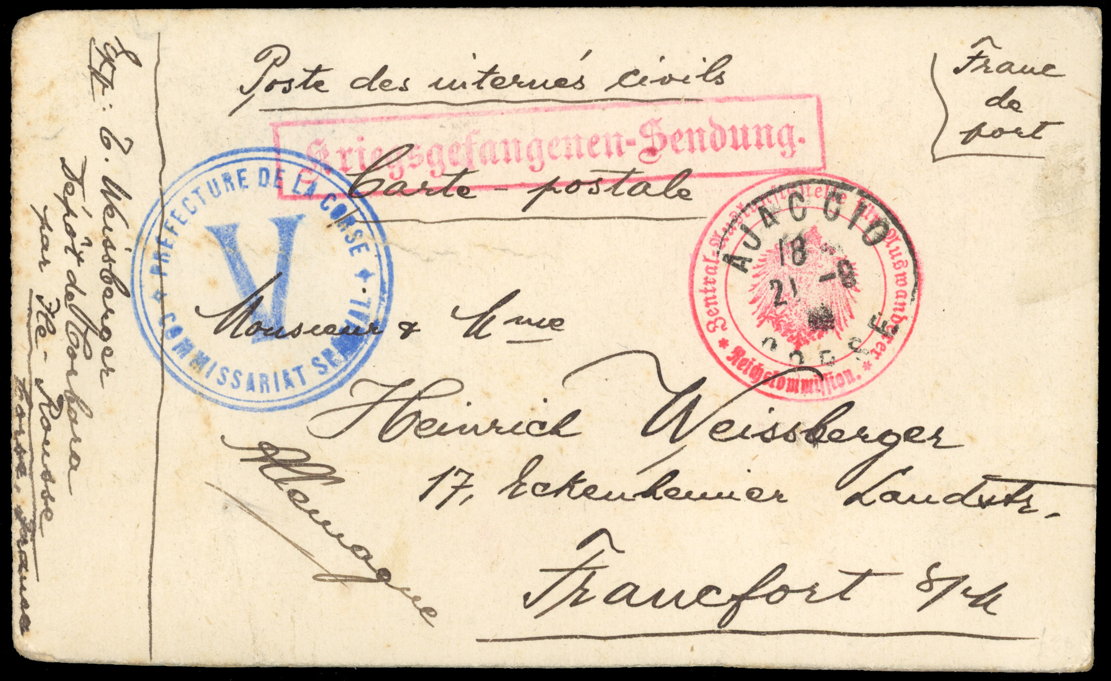 France Corsica 1916 Civil Internee card used from Ajaccio to Francfort Germany
