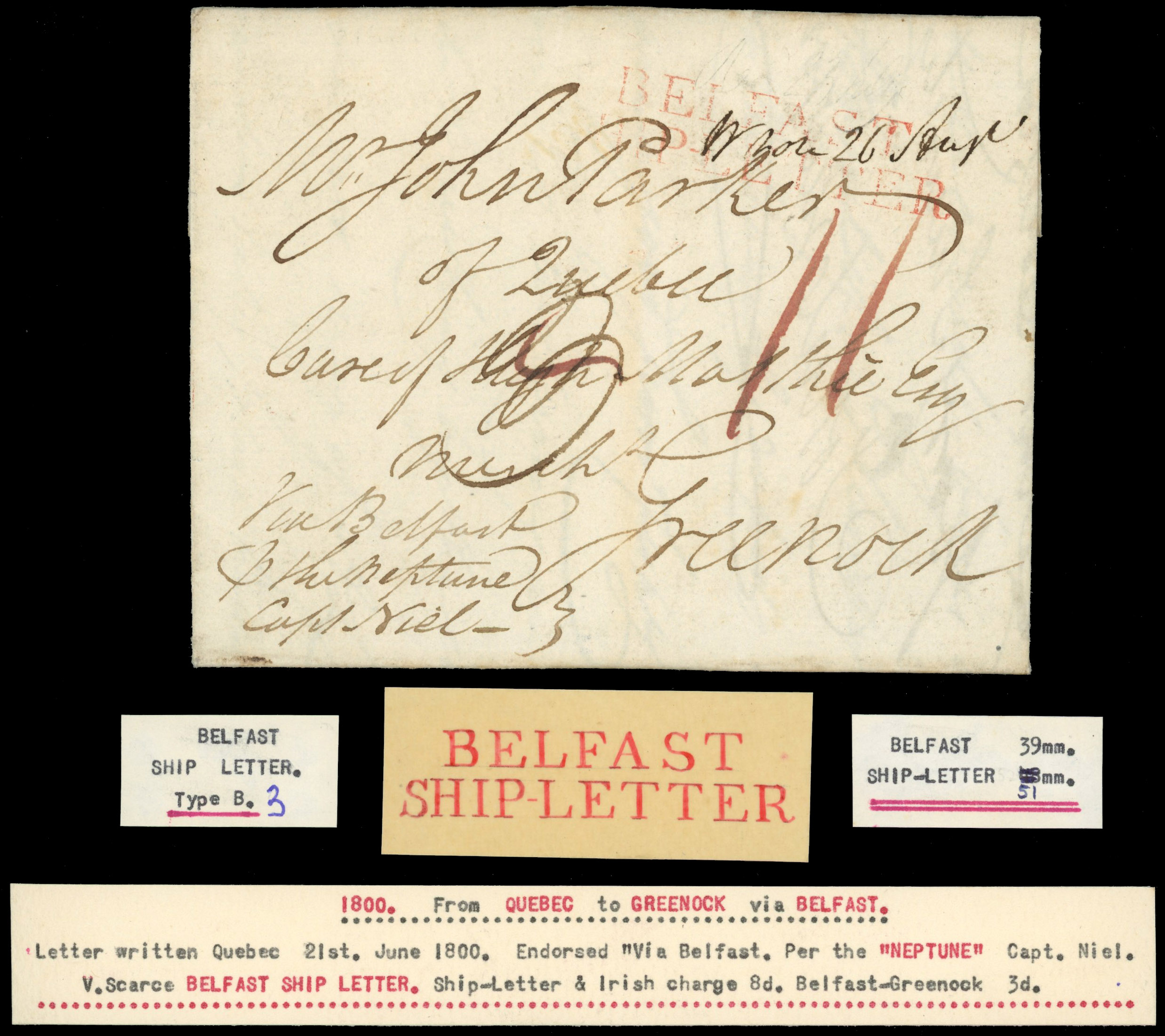 GB 1800 letter from Canada to Greenock with Belfast Ship letter 