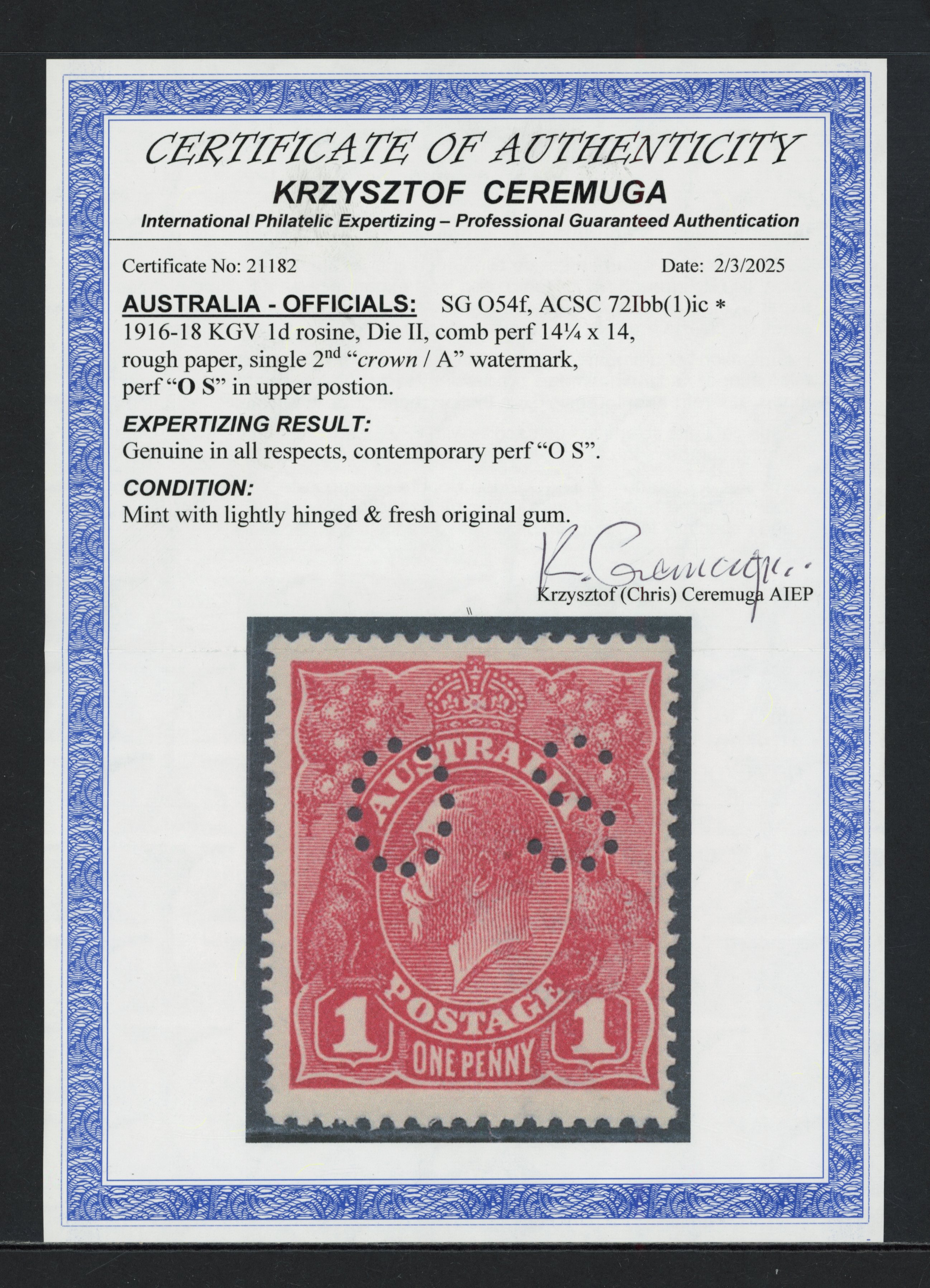 Australia 1916-20 official 1d rosine die II