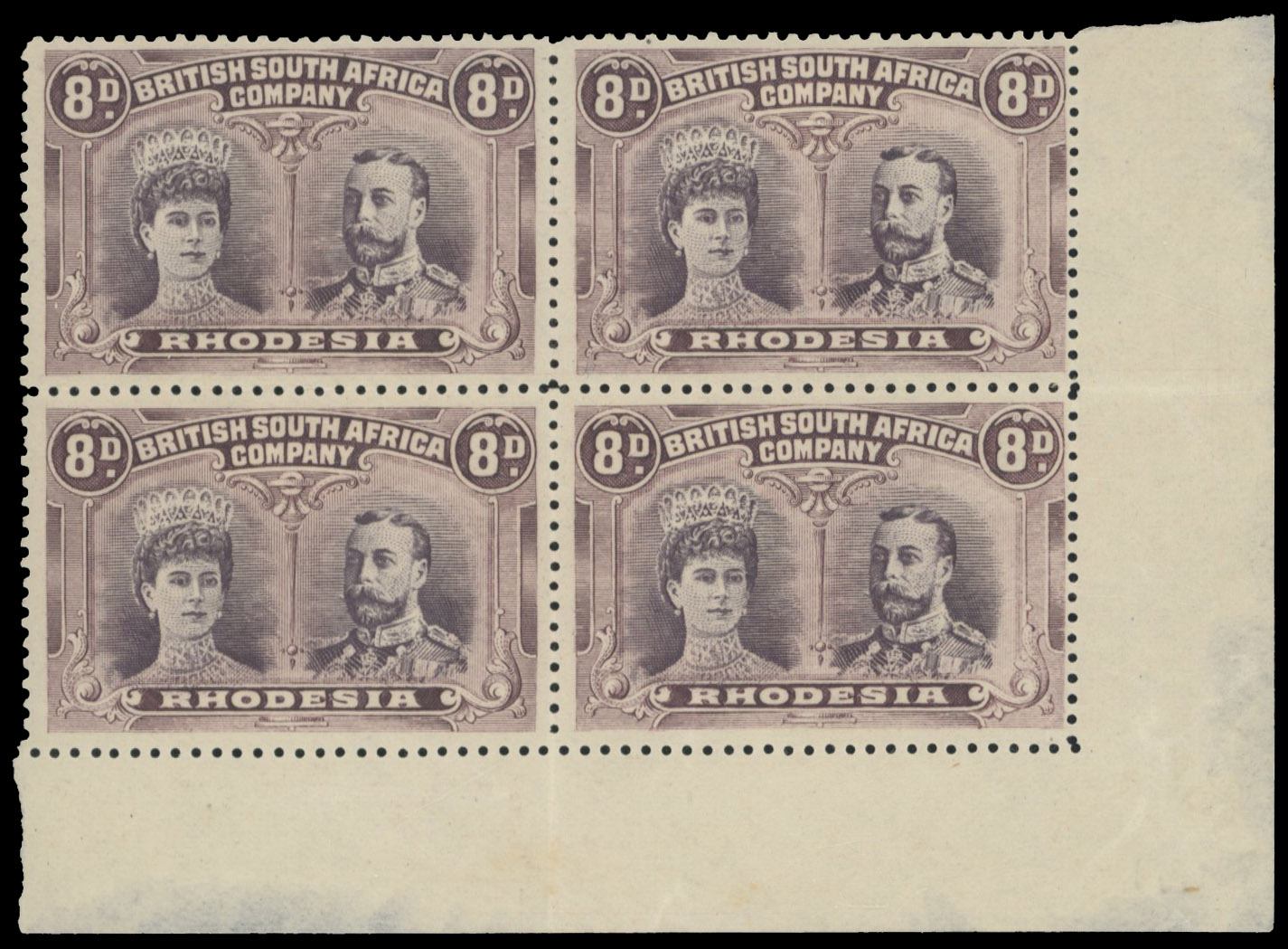 8d slate-purple and deep dull purple SG 147 variant block, positions 44-50 mint