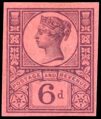 GB 1887-92 6d purple on rose-red paper, imperforate imprimatur, For SG 208