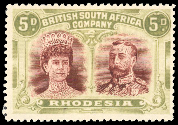 Rhodesia 1910-13 5d lake-brown and olive perf 14