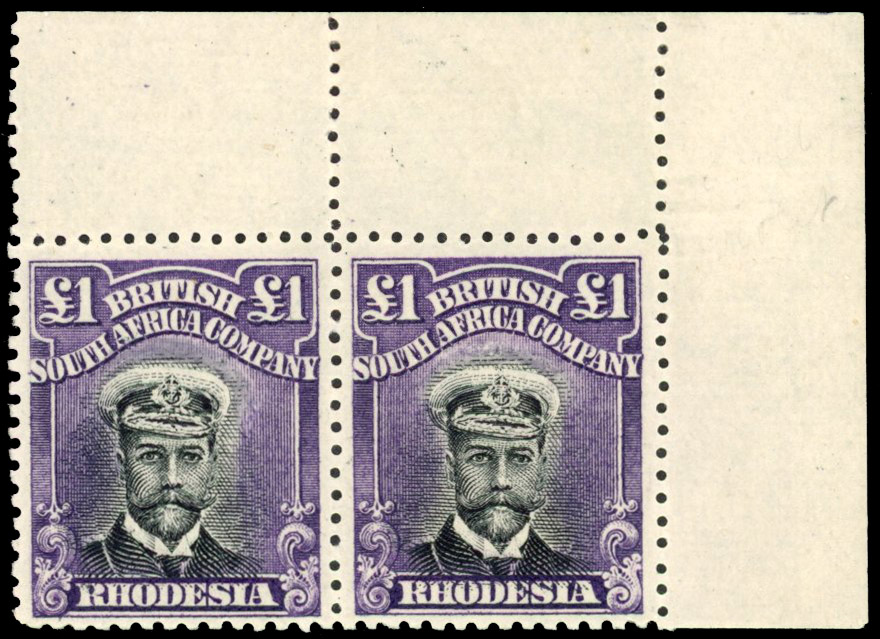 Rhodesia £1 SG 243 corner pair, with hand-painting, mint