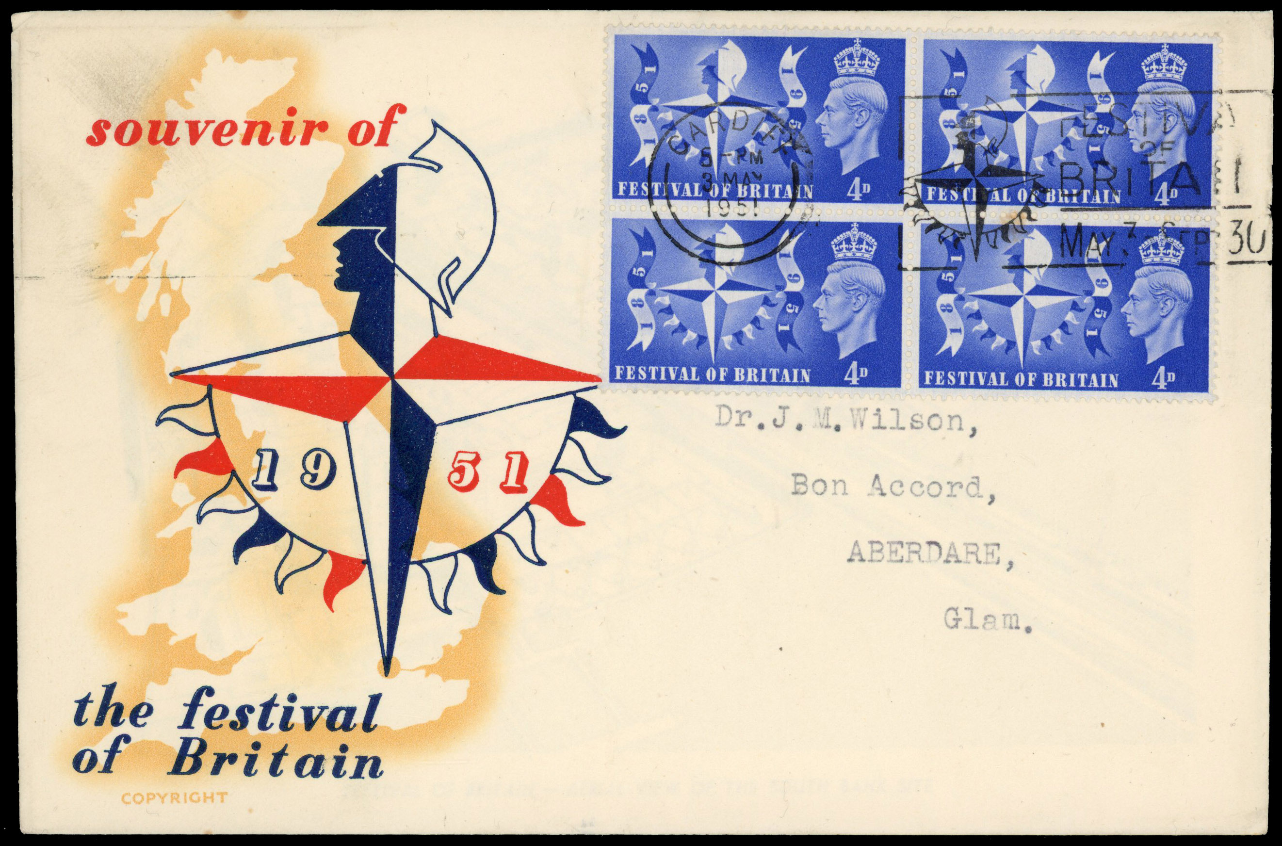 1951 Festival of Britain. Very fine used set of two blocks of four on an illustrated envelope FDC's