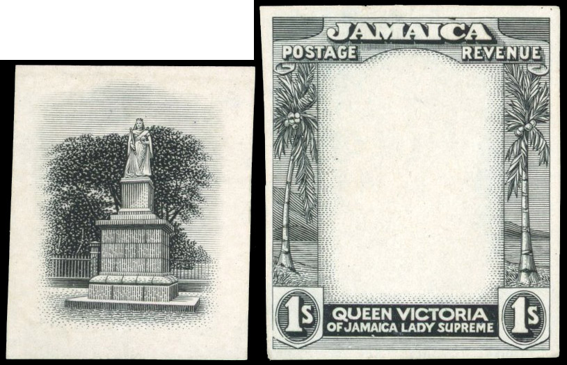Jamaica 1919-21 1s pair of stamp-size die proofs, for vignette and frame, SG 85var