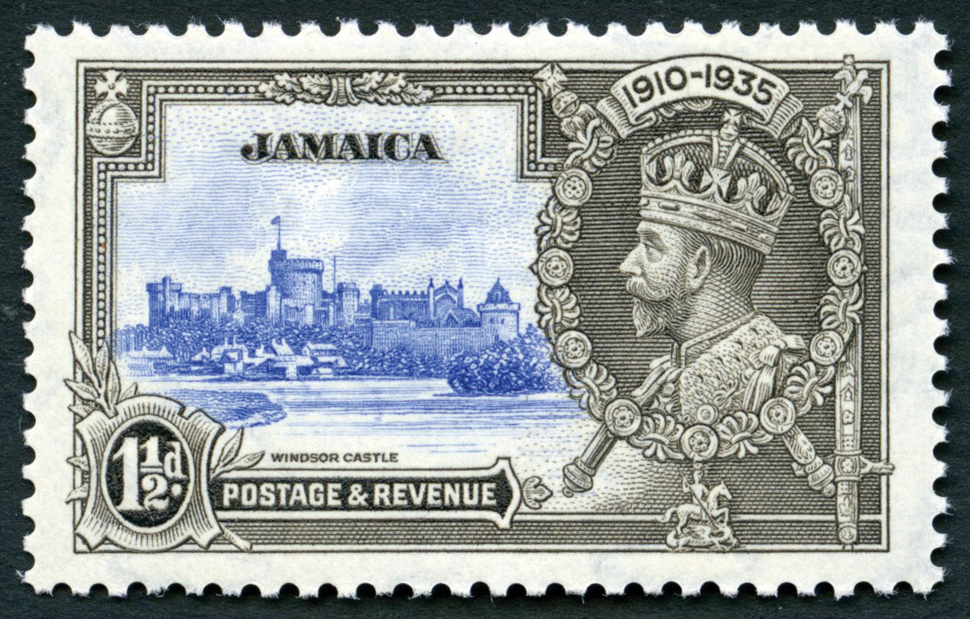 1935 Silver Jubilee 1½d with 'Plate 1' R9/1 extra flagstaff, seemingly u/m wuith a minor internal bend.  SG 115a, cat...